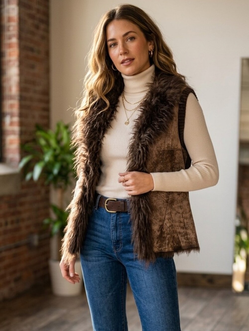 KENJI Real Rabbit Fur Trim Knit Vest Brown Boho Y2K M